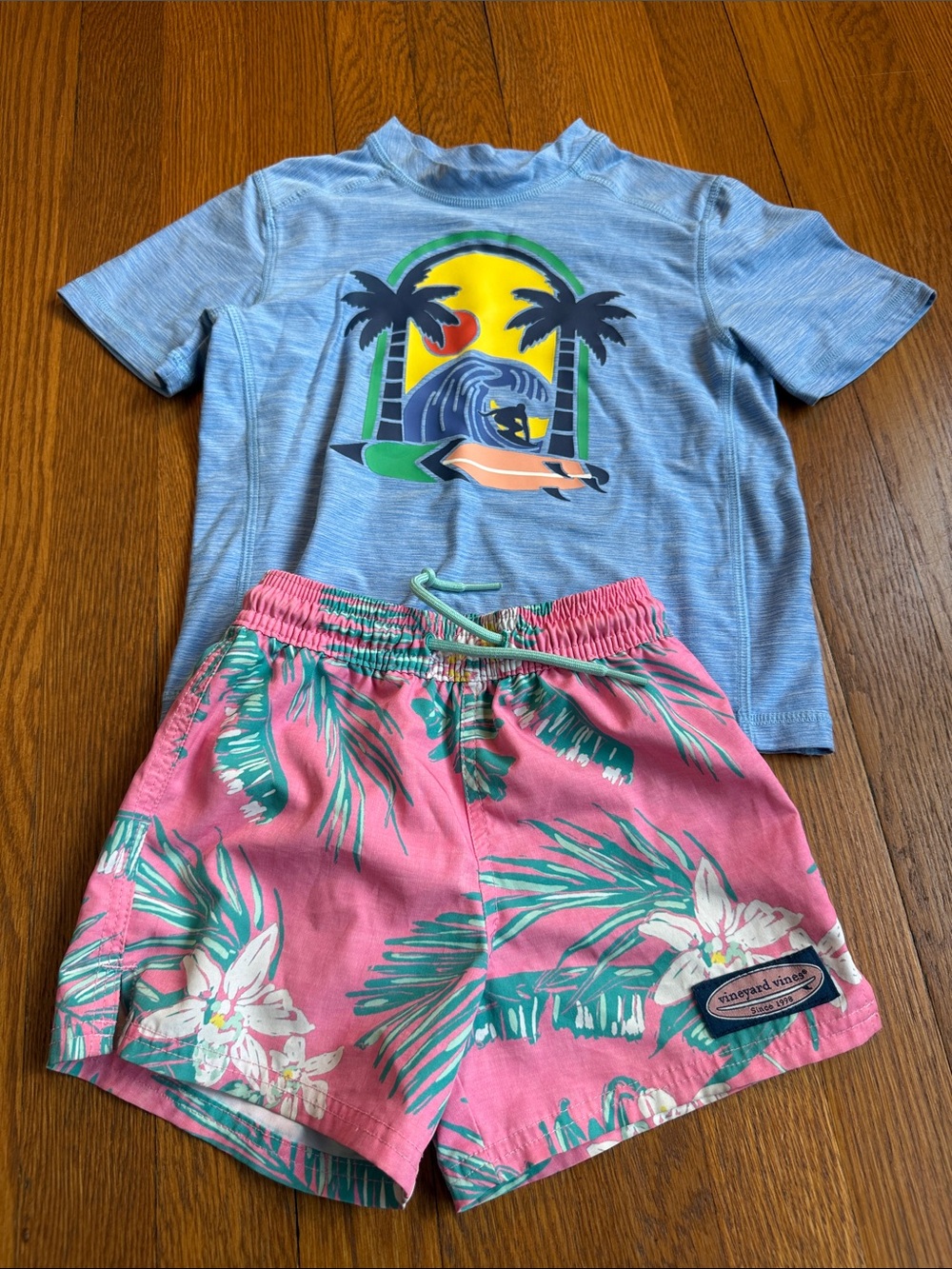 Vineyard Vines Light Blue Rash Guard with Pink Tropical Swim Trunks